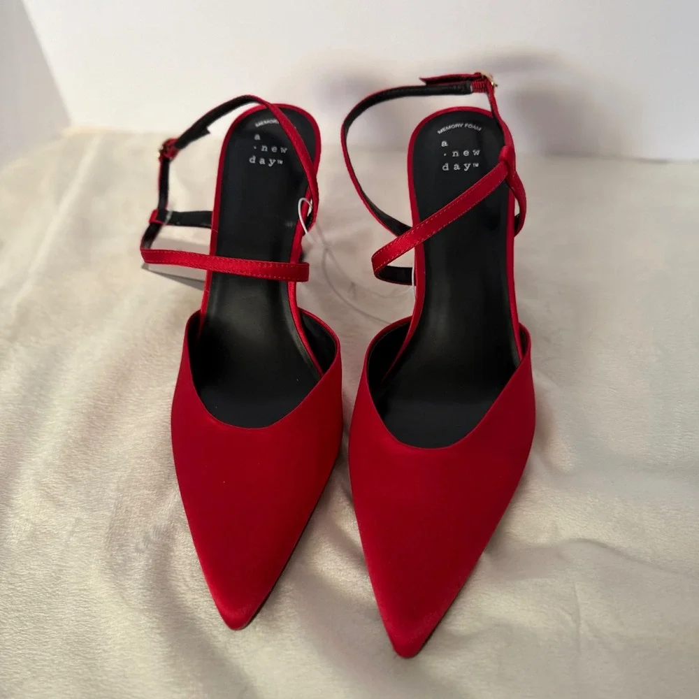 A New Day Red Satin Pointed Toe Slingback Heels Memory Foam Size 11